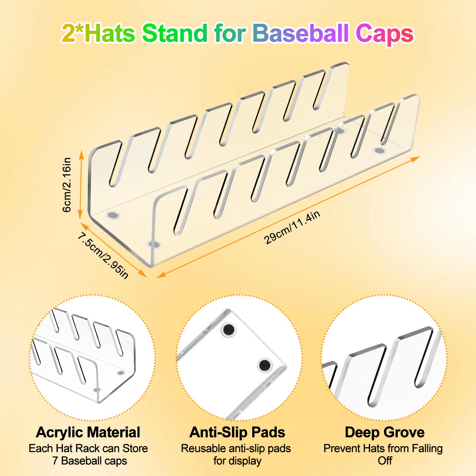 2 Pack Hat Stand for Baseball Caps Display and Organizer, 2024 New No Install Required Hat Stand Acrylic Hat Holder for 14 Baseball Caps Storage, Hat Racks for Bedroom, Closet, Dresser (Clear)