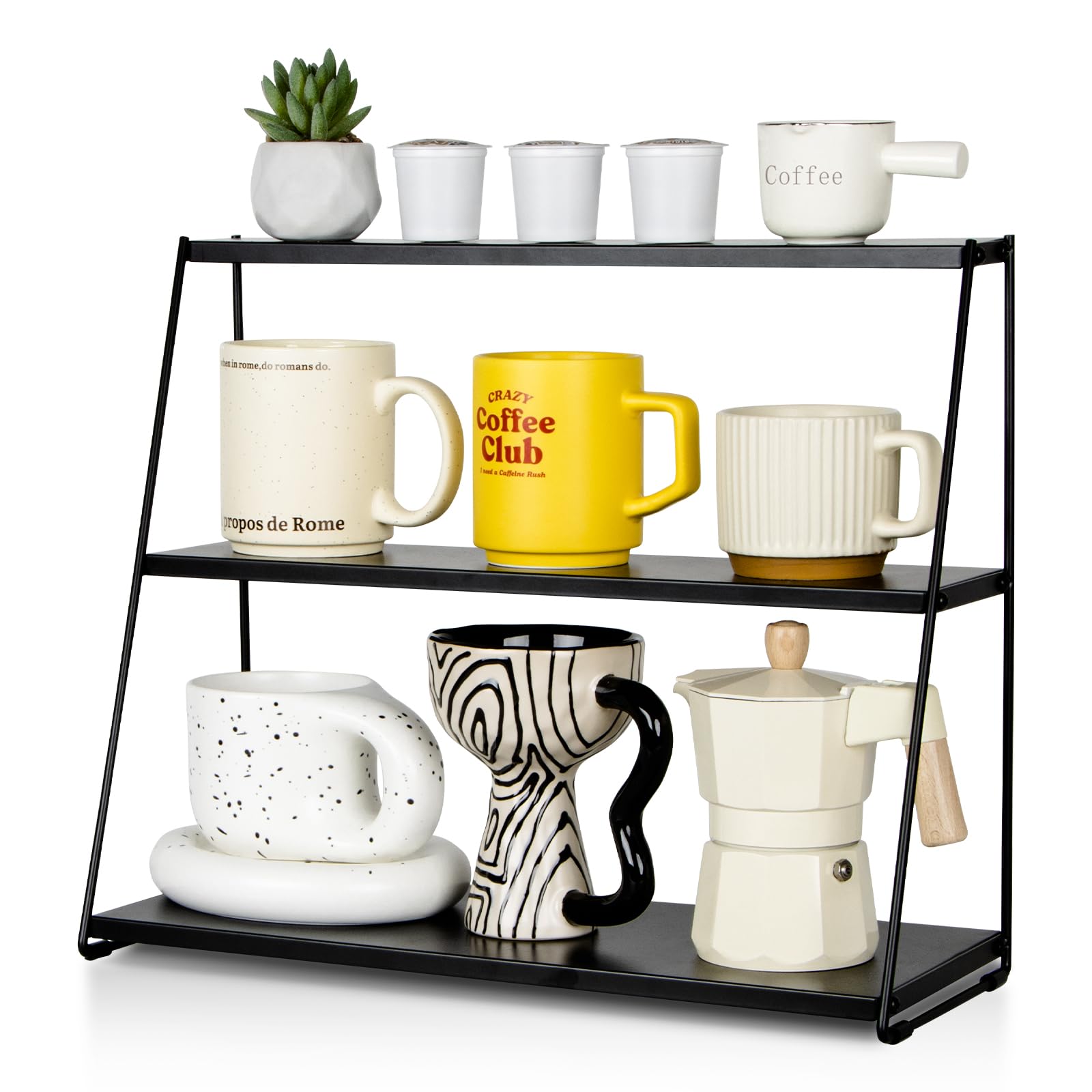 PUERSI Coffee Mug Holder, Mug Display Rack for Countertop, Metal Coffee Cup Holder, 3 Tier Mug Shelf for Coffee Bar, Coffee Station Accessories, Coffee Bar Organizer for Kitchen, Office, Home - Black