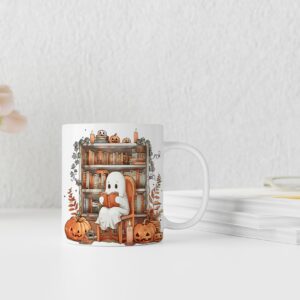 QASHWEY Halloween Reading Ghost Mug, Halloween Coffee Mug, Fall Book Lovers Gifts Mug, Halloween Themed Mug Tea Cup Gifts for Reading Lovers, Fall Bookish Ghost Halloween Coffee Cups Ceramic 11oz