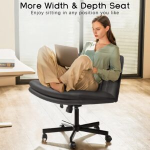 PUKAMI Criss Cross Legged Chair with Wheels,Comfy Armless Office Desk Chair,PU Leather Swivel Modern Makeup Vanity Chair,Height Adjustable Wide Seat Computer Task Chair for Home Office(Grey)