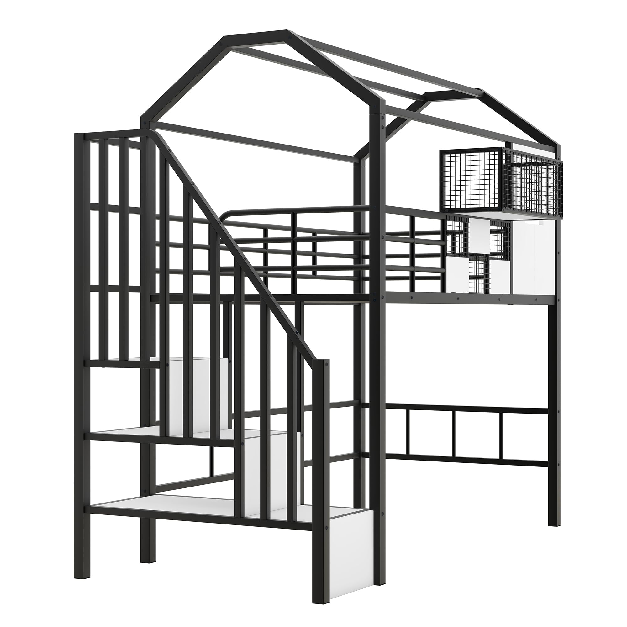 LostCat Twin Size Loft Bed with Stairs, Loft Bed Twin Size with Roof and Window, Metal Loft Bed Frame with Storage Box for Teens and Adults, Easy Assembly, No Box Spring Needed, Black