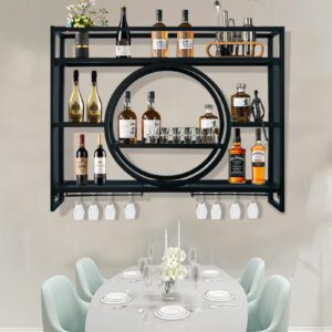 Wall Mounted Wine Rack, Hanging Metal Round Wine Rack Cabinet, Multifunctional Storage Rack, Vintage Style Wine Bottle Shelf, with Wine Glass Holder, for Home Restaurant Bars (120cm/47.2in)