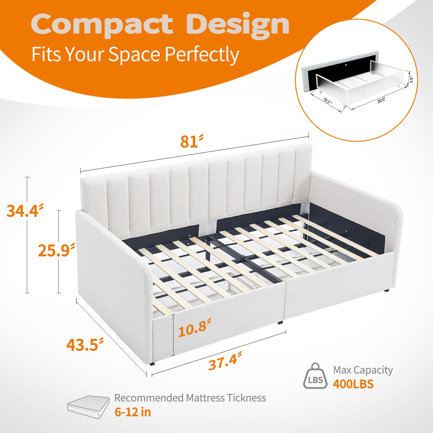 LifeSky Home Daybed Twin for Kids - Boucle Tufted Day Bed Frame with Storage for Living Room Bedroom - Upholstered for Aged 5+ White