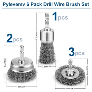 Pylevemv 6Pcs Professional Wire Wheel, Carbon Steel Wire Brush for Drill, Drill Wire Brush for Cleaning Rust, Wire Brush Drill Attachments with 1/4 Inch Hex Shank, Wire Cup Brush for Drill