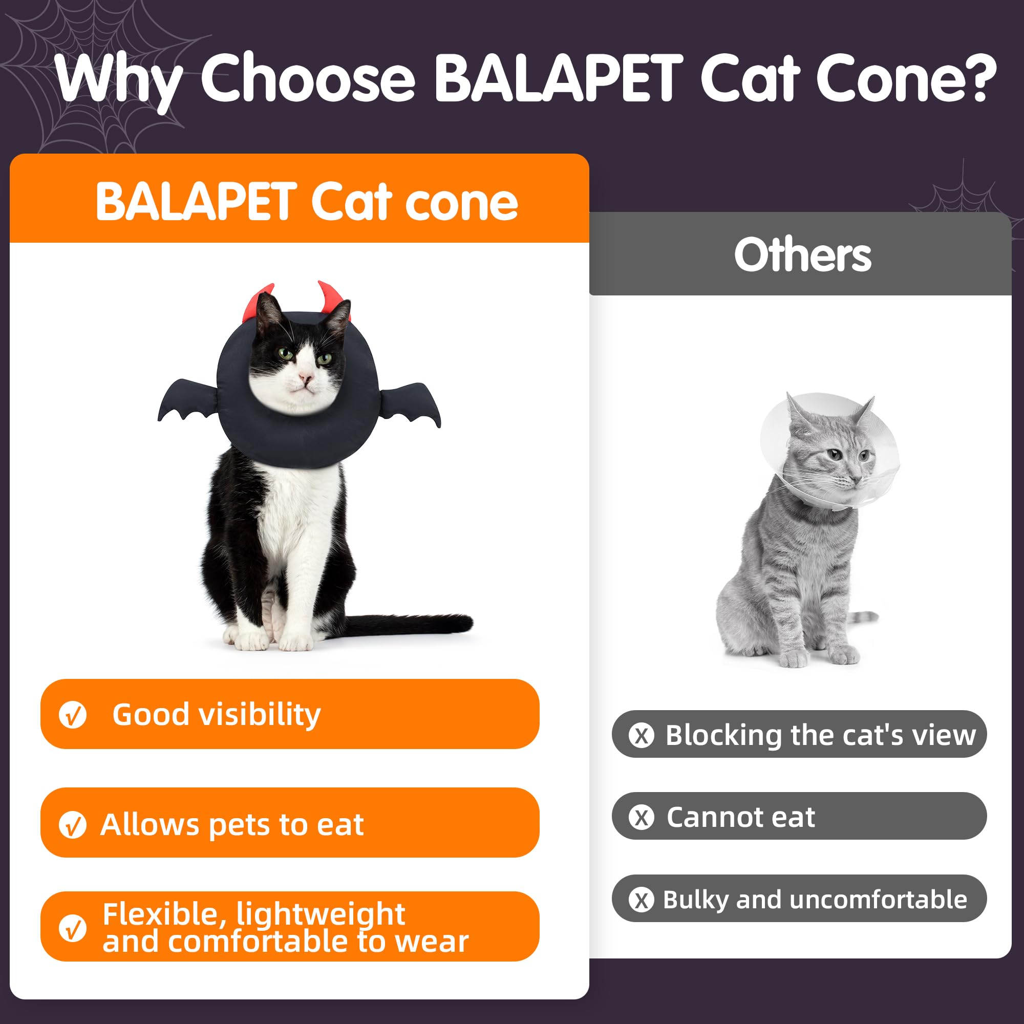 BALAPET Cat Cone, Adjustable Cat Recovery Collar, Gothic Style Soft Cat Collar with Drawstrings, Prevent Licking and Scratching After Surgery for Kittens,Halloween Pet Decoration(M)