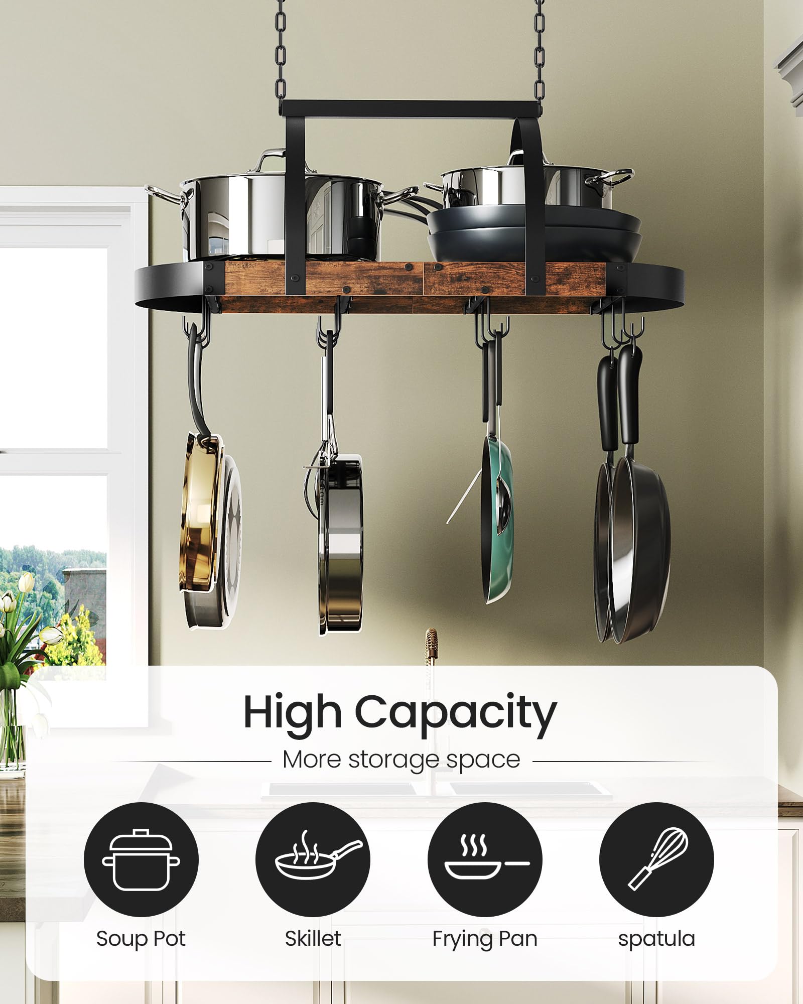 CHOEZON Hanging Pot Rack, Pot Hanger for Kitchen, Ceiling Mounted Pot Holder, Cookware Organizer with 12 S-Shaped Hooks, for Pot, Pan Storage, Space Saver, Rustic Brown and Black TPR08BF