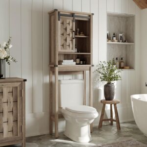 linsy home over the toilet storage cabinet, farmhouse bathroom storage cabinet over toilet with sliding barn door and adjustable shelves, bathroom shelf organizer, brown