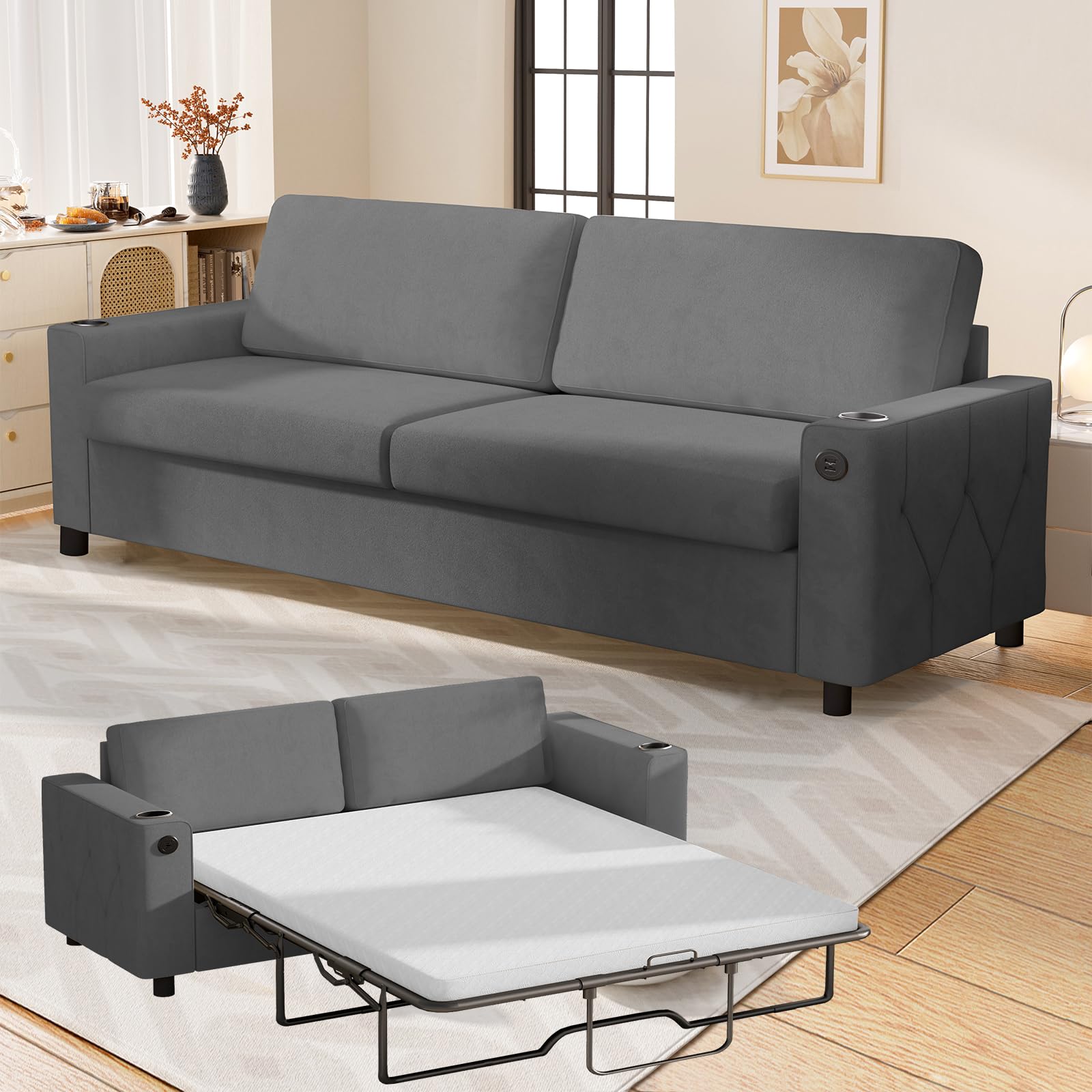 BALUS Pull Out Sofa Bed, 2-in-1 Convertible Sleeper Sofa with Memory Foam Mattress, Queen Size Sleeper Couch with Cup Holders and USB Ports for Home Office Living Room-Dark Grey