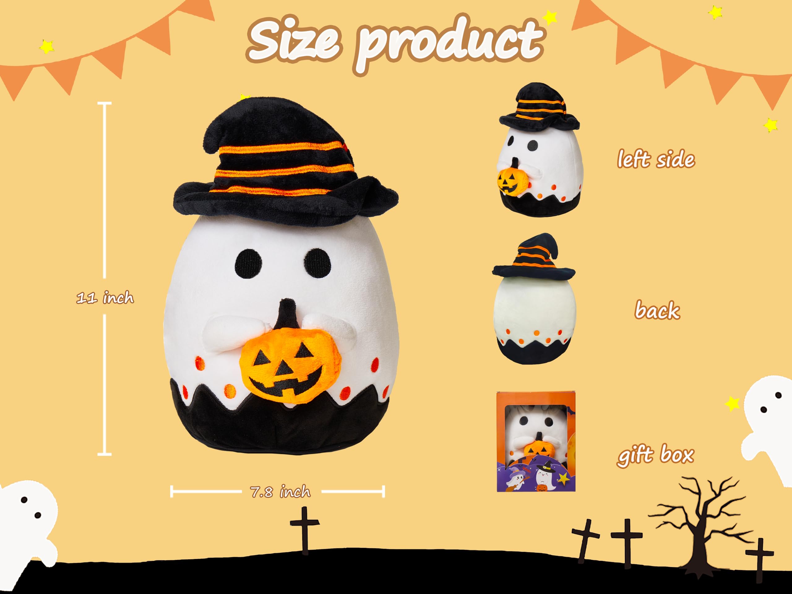 Ziyutam Halloween Ghost Pumpkin Stuffed Animal Trick or Treat 9.4" Halloween Plushies Ghost Plush Toys Halloween Ghost Pillow Gifts for Boys Girls Spooky Indoor Outdoor Home Party Decorations