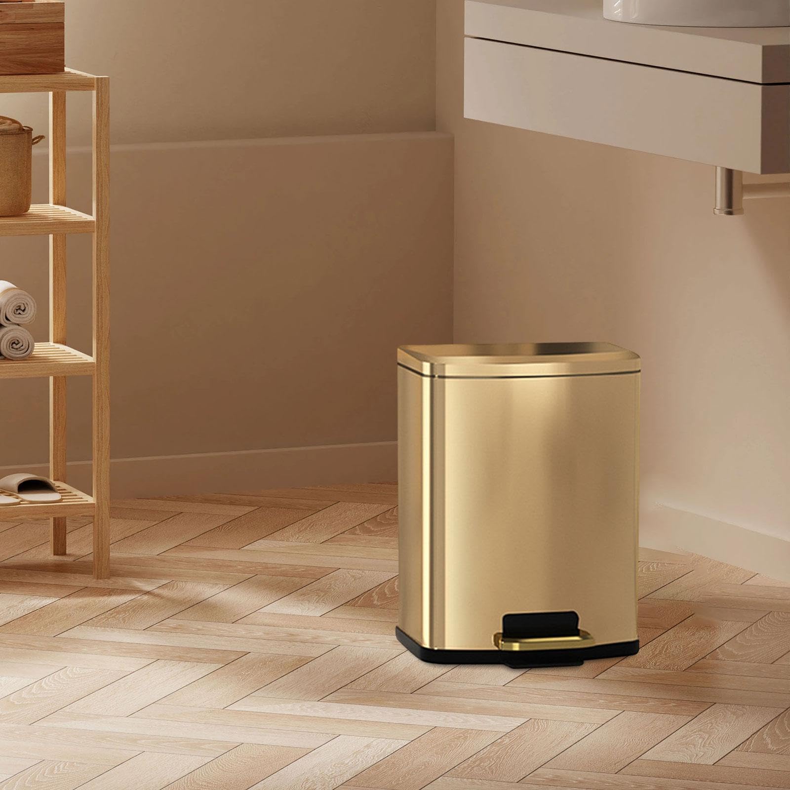 Fenteer Step Trash Can with Lid Kitchen Trash Bin 9L Sleek Waste Container Garbage Can Foot Pedal Garbage Bin for Living Room Bedroom, Champagne Gold