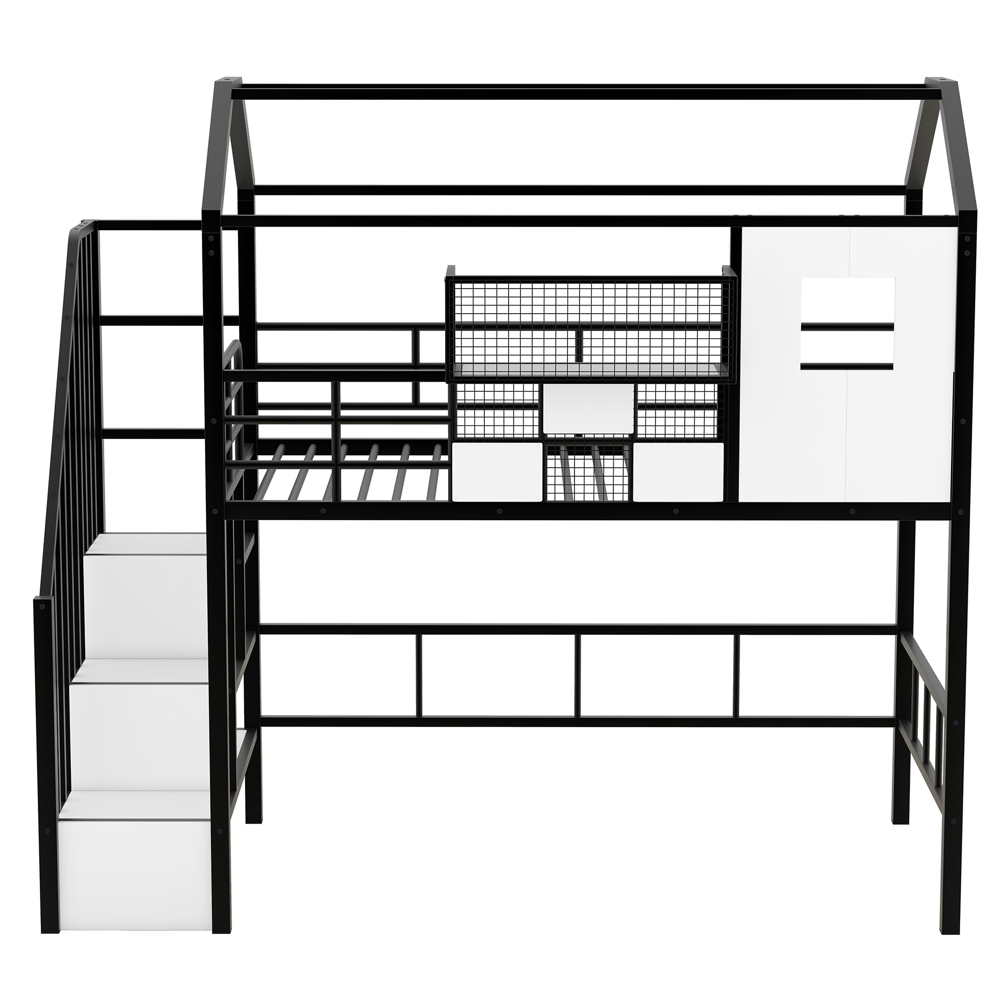 LostCat Twin Size Loft Bed with Stairs, Loft Bed Twin Size with Roof and Window, Metal Loft Bed Frame with Storage Box for Teens and Adults, Easy Assembly, No Box Spring Needed, Black