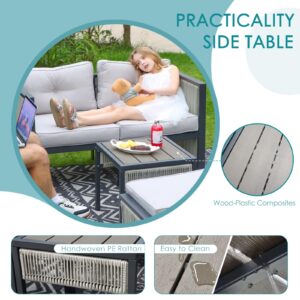 NICESOUL Modern Patio Furniture Set, 4 Seats Outdoor Sectional Sofa Set with Side Tables Footrest All-Weather Dual-Layer PE Rope Rattan Iron Frame 4" Thick Cushion Chairs Conversation Set Grey