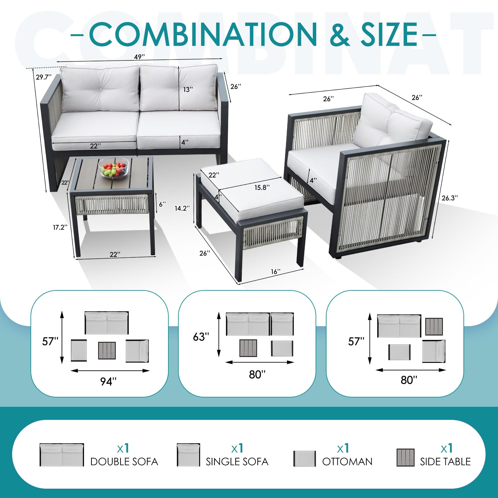 NICESOUL Modern Patio Furniture Set, 4 Seats Outdoor Sectional Sofa Set with Side Tables Footrest All-Weather Dual-Layer PE Rope Rattan Iron Frame 4" Thick Cushion Chairs Conversation Set Grey