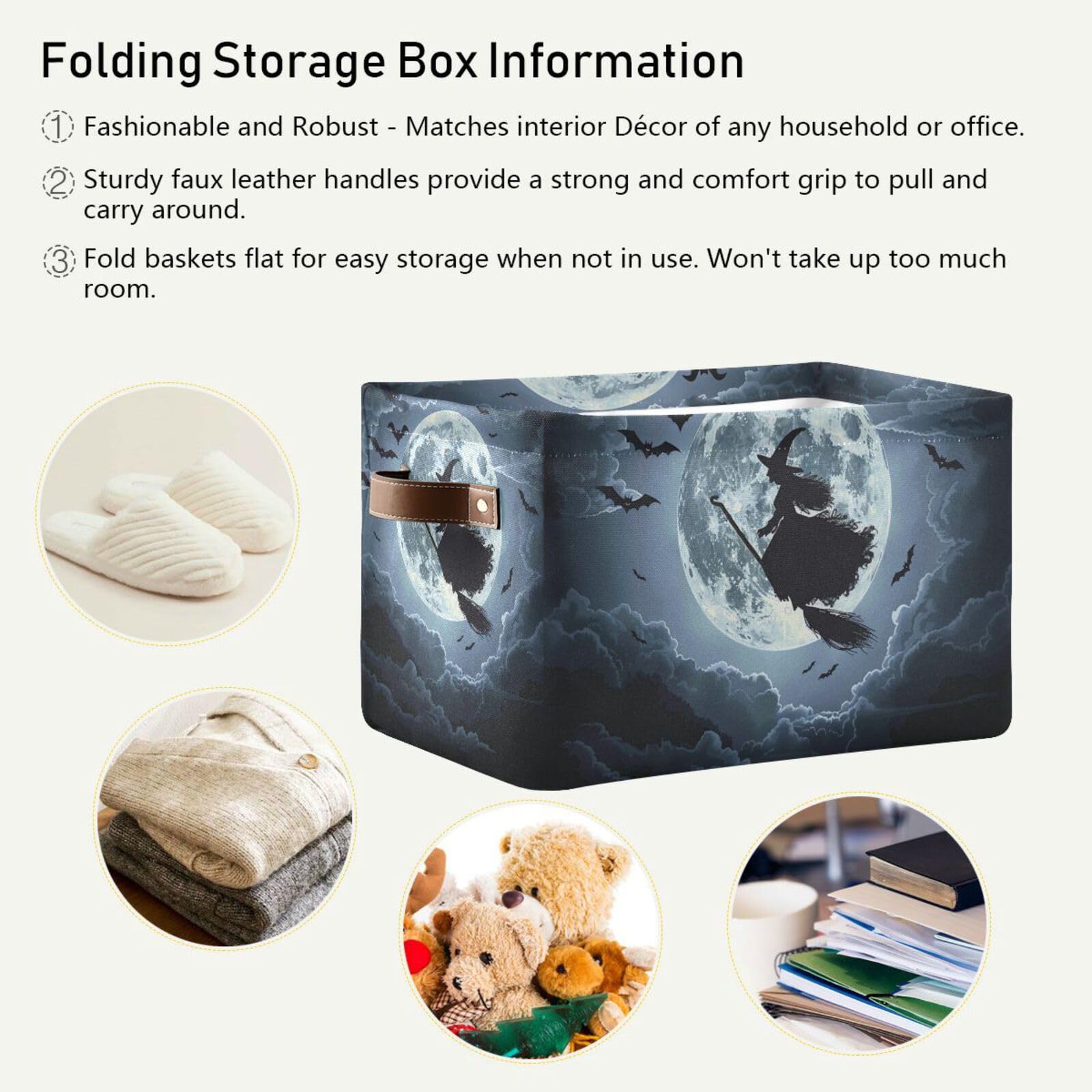 senya Halloween Storage Basket, Halloween Flying Witch Bats Foldable Fabric Collapsible Storage Bins Organizer Bag for Storage Clothes