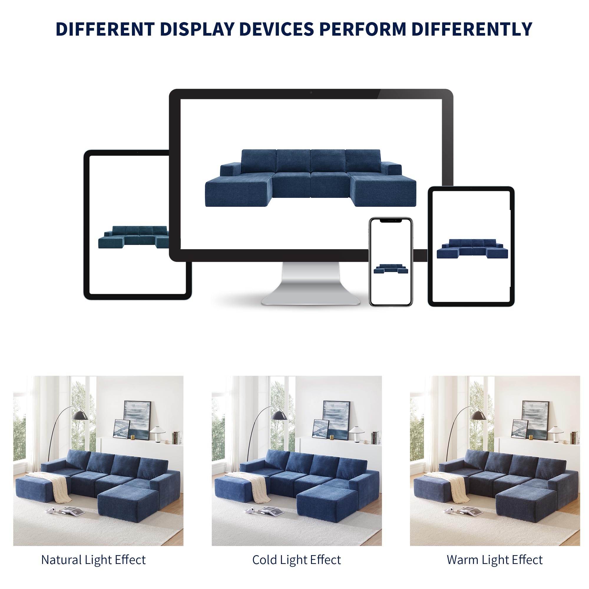 110" Modern Modular Sectional Sofa Couch, Deep Seat U Shaped Upholstered Cloud Couch Set with Movable Ottoman for Living Room, No Assembly Required (Blue, U Shaped)