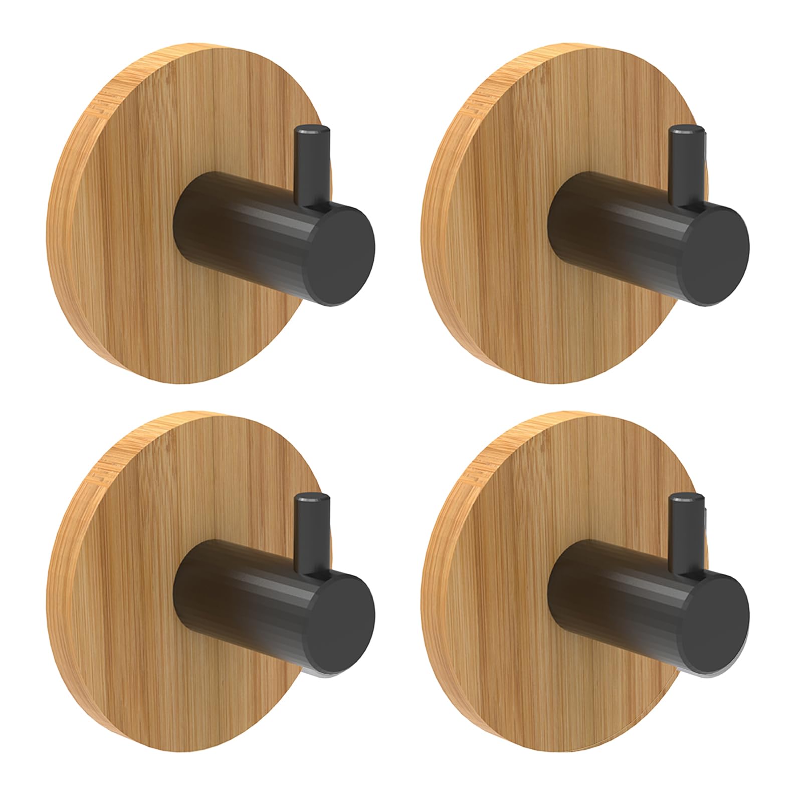 marrhorvk Adhesive Wall Hooks, Bamboo Wood Coat Hooks for Hanging Towel Hangers for Bathroom Key Hat Hooks 4-Pack (Wood Black Hooks)