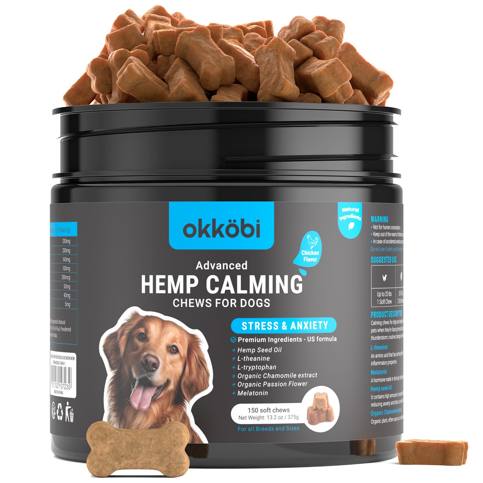 OKKÖBI Hemp Calming Chews for Dogs Anxiety 150 pcs - Dog Anxiety Relief - Dog Calming Chews - Melatonin for Dogs - for Stress, Travel, Check-up, Barking or Grooming - Dog Calming Treats