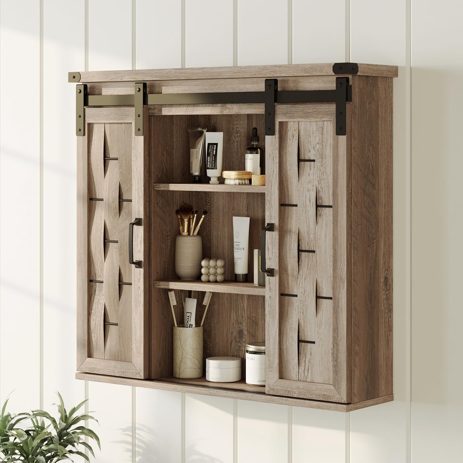 LINSY HOME Bathroom Wall Cabinet, 31“W Farmhouse Medicine Cabinet with Sliding Barn Door and Adjustable Shelves, Storage Cabinet Wall Mounted for Bathroom, Kitchen, Brown