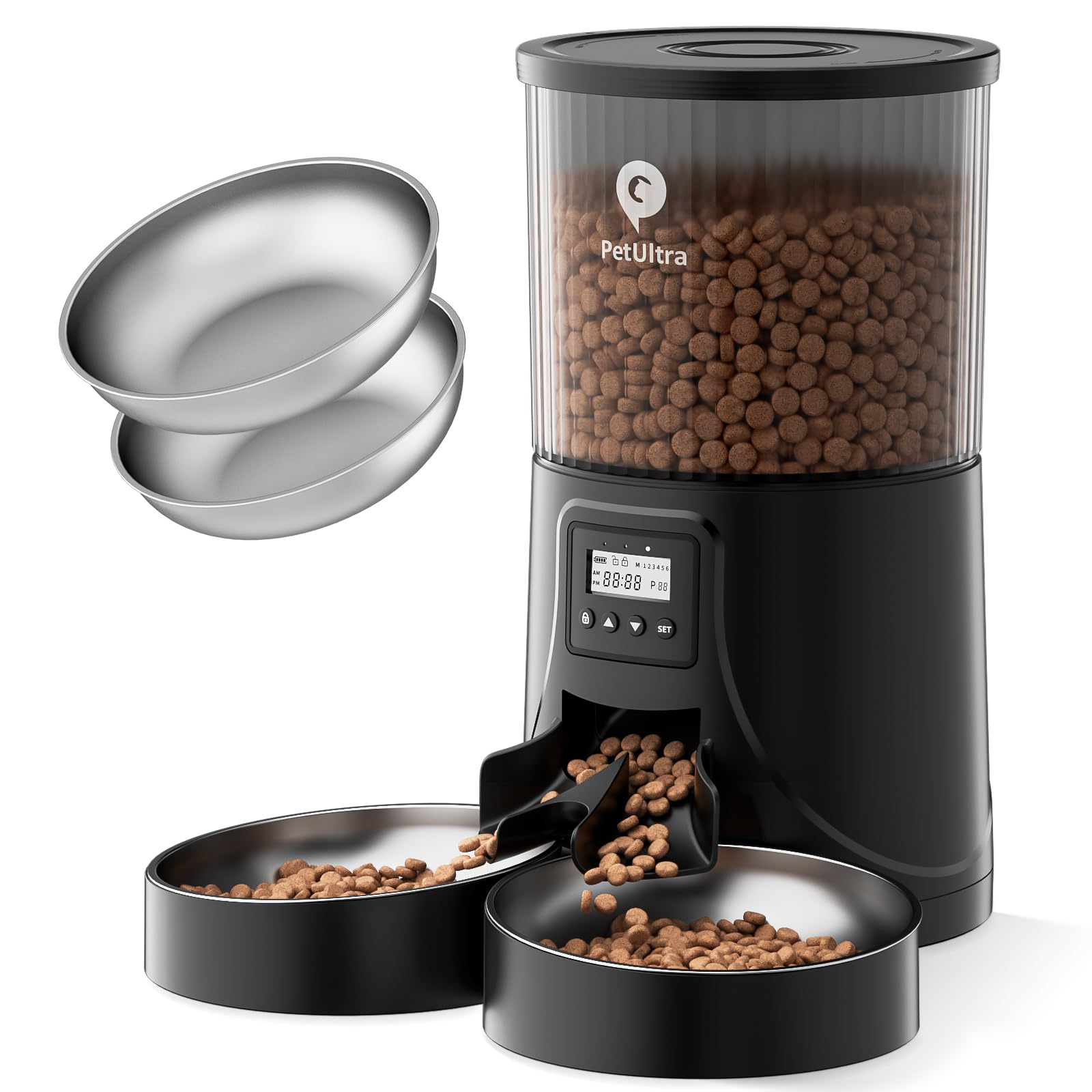 PETULTRA Automatic Cat Feeder 2 Cats: Dual Cat Feeder Automatic- Timed Auto Feeder 16 Cups/4L Cat Food Dispenser& Dual Power Auto Pet Feeder for Indoor Cat&Dog with Stainless Steel Bowl