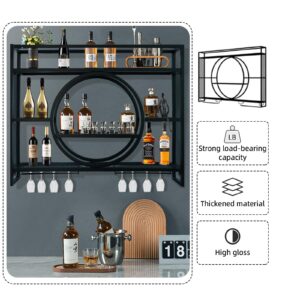 Wall Mounted Wine Rack, Hanging Metal Round Wine Rack Cabinet, Multifunctional Storage Rack, Vintage Style Wine Bottle Shelf, with Wine Glass Holder, for Home Restaurant Bars (120cm/47.2in)