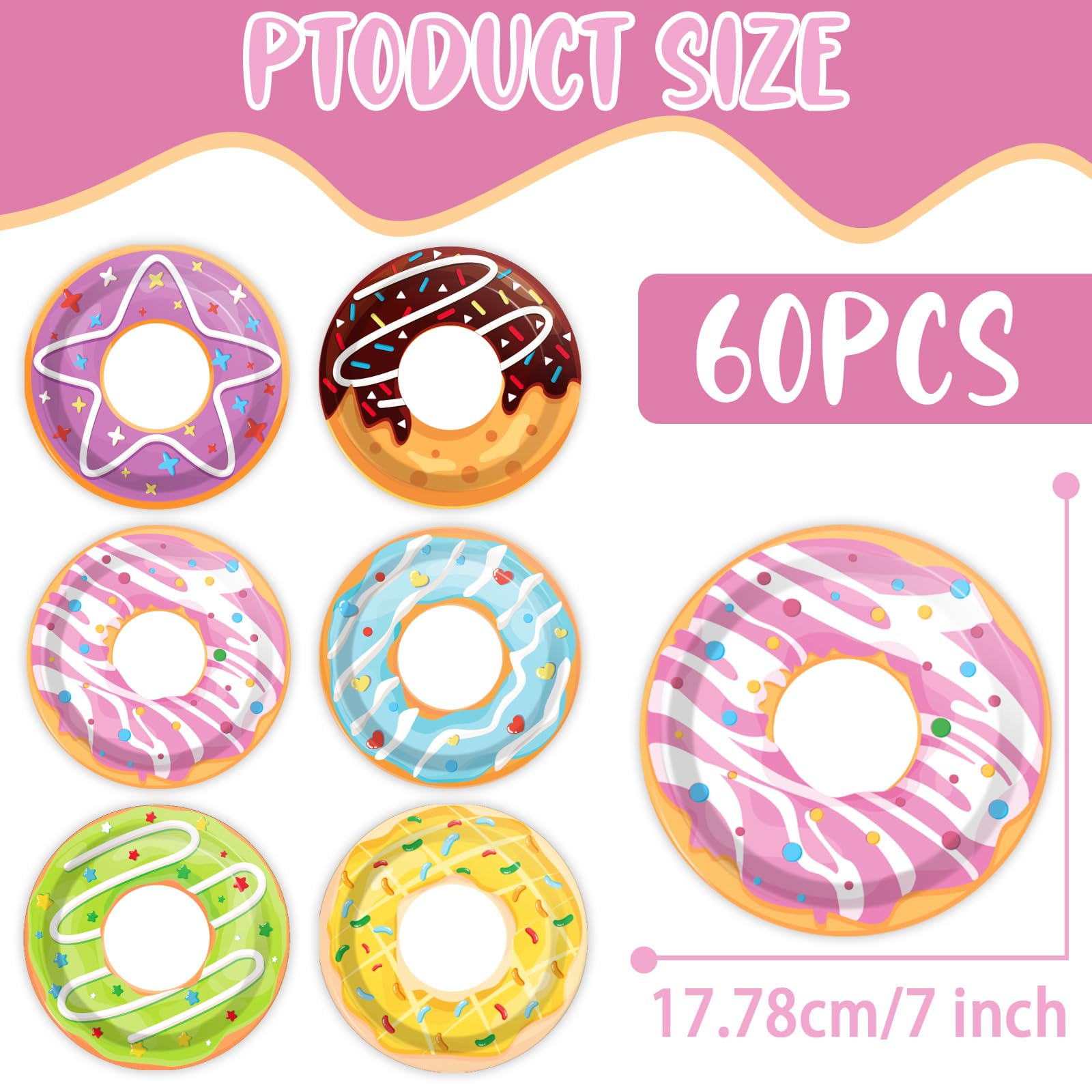 60Pcs Donut Party Paper Plates for Two Sweet Party Decoration 7in Donut Grow Up Dessert Plates Disposable Tableware Dinnerware Set for Baby Shower Girls Birthday Donut Themed Party Supplies