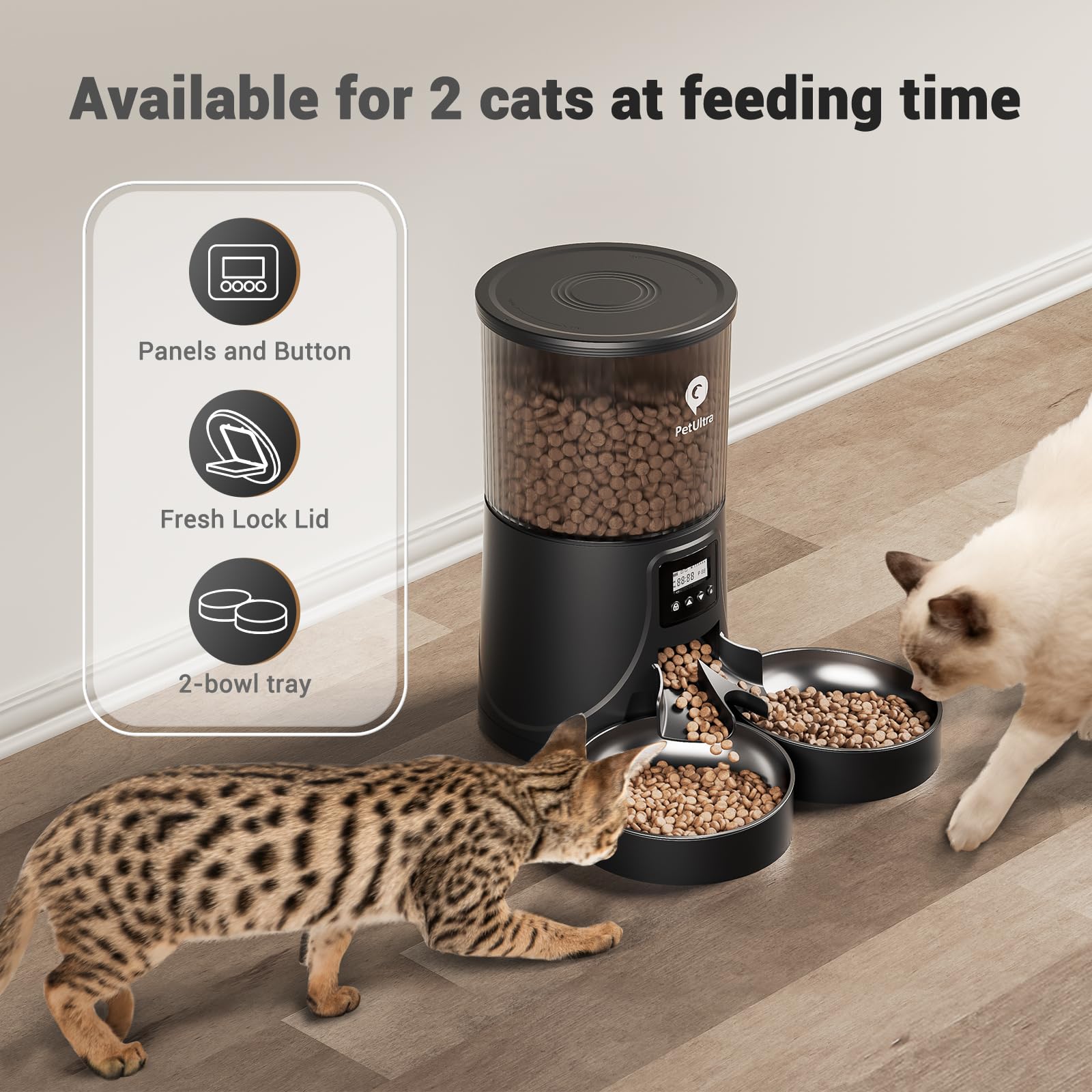 PETULTRA Automatic Cat Feeder 2 Cats: Dual Cat Feeder Automatic- Timed Auto Feeder 16 Cups/4L Cat Food Dispenser& Dual Power Auto Pet Feeder for Indoor Cat&Dog with Stainless Steel Bowl