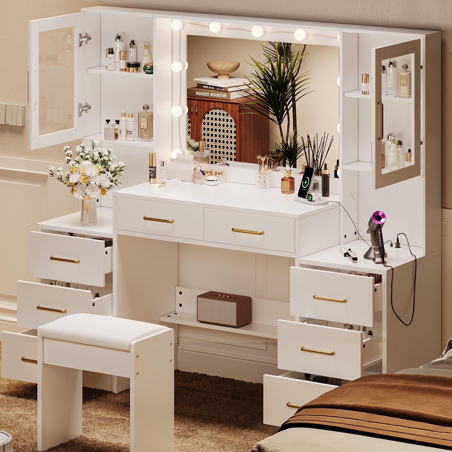 TOKSOM White Vanity Desk with Mirror, Lights & Charging Station, 58.3" 3 Lighting Modes Makeup Desk with 8 Drawers, 2 Cabinets and Lots Storage, Dressing Table Vanity Set with Lighted Mirror