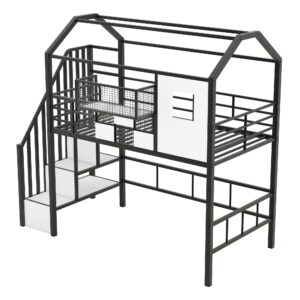 LostCat Twin Size Loft Bed with Stairs, Loft Bed Twin Size with Roof and Window, Metal Loft Bed Frame with Storage Box for Teens and Adults, Easy Assembly, No Box Spring Needed, Black