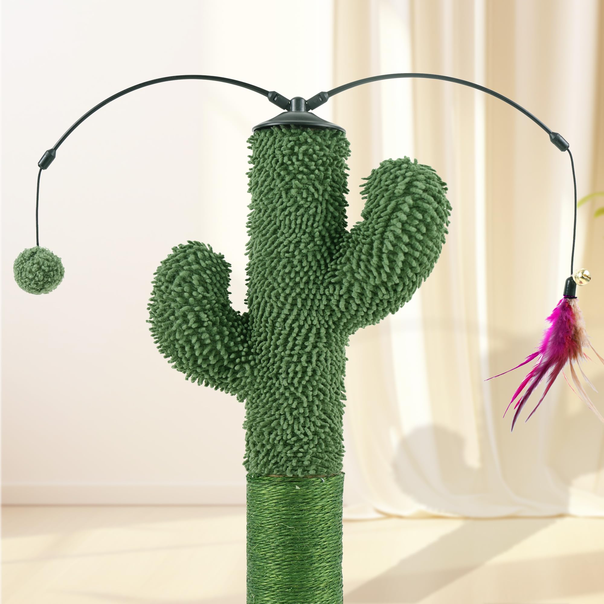 YUNIQUE Cat Scratching Post, Cactus Cat Scratcher with Natural Sisal Rope for Indoor Cats, Scratching Posts with Dangling Balls and Feather for Small Cats Kittens (Green)