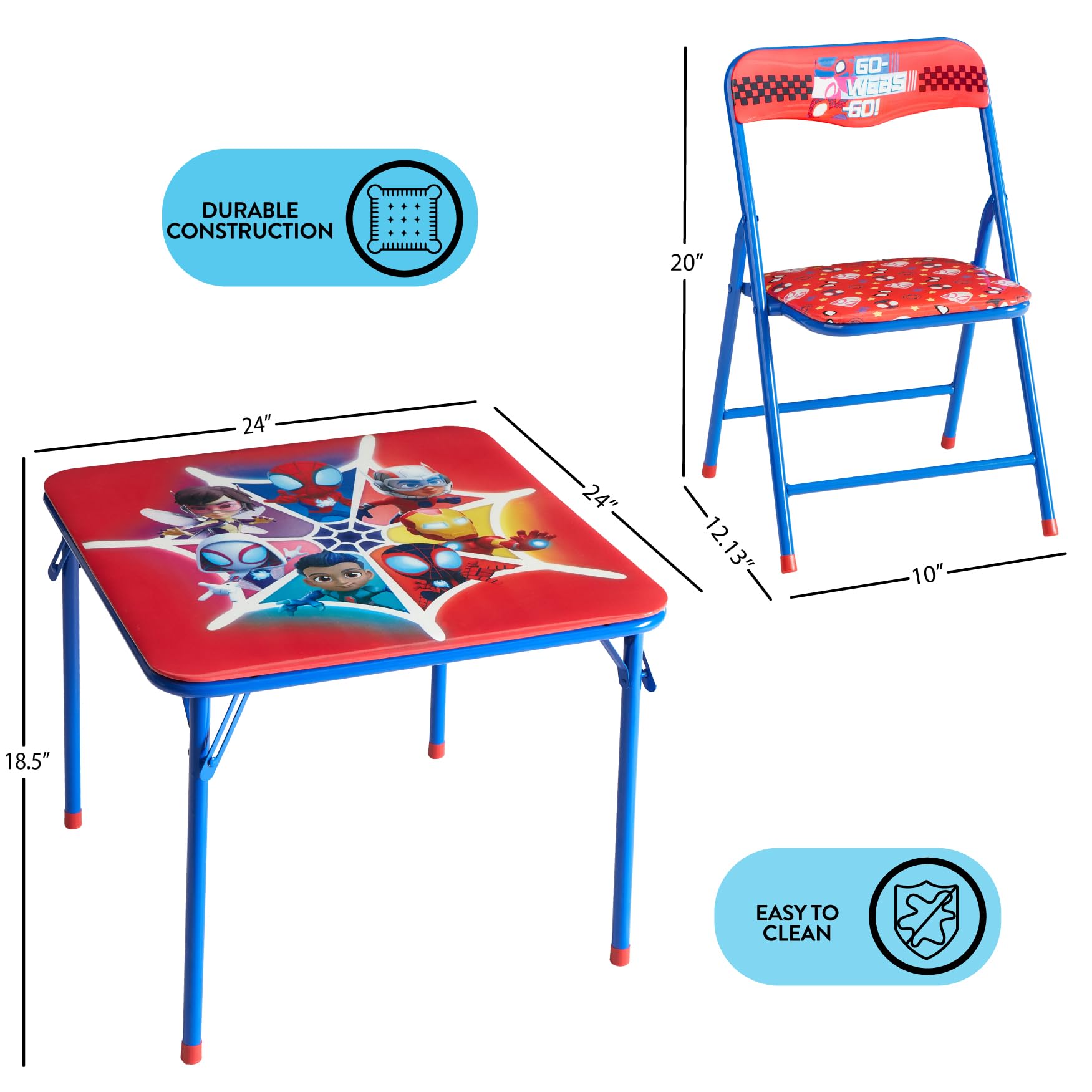 Idea Nuova Marvel Spidey and His Amazing Friends 3 Piece Children's Activity Square Table and 2 Folding Chairs Set, Ages 3+