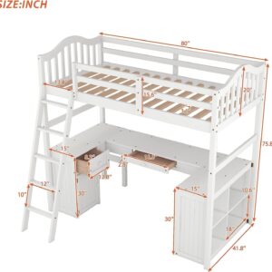 Harper & Bright Designs Twin Size Loft Bed with Desk, Wood Loft Bed Twin with Drawers, Cabinet, Shelves, Kids Loft Twin Bed with Desk and Storage for Girls Boys Teens,No Box Spring Needed,White