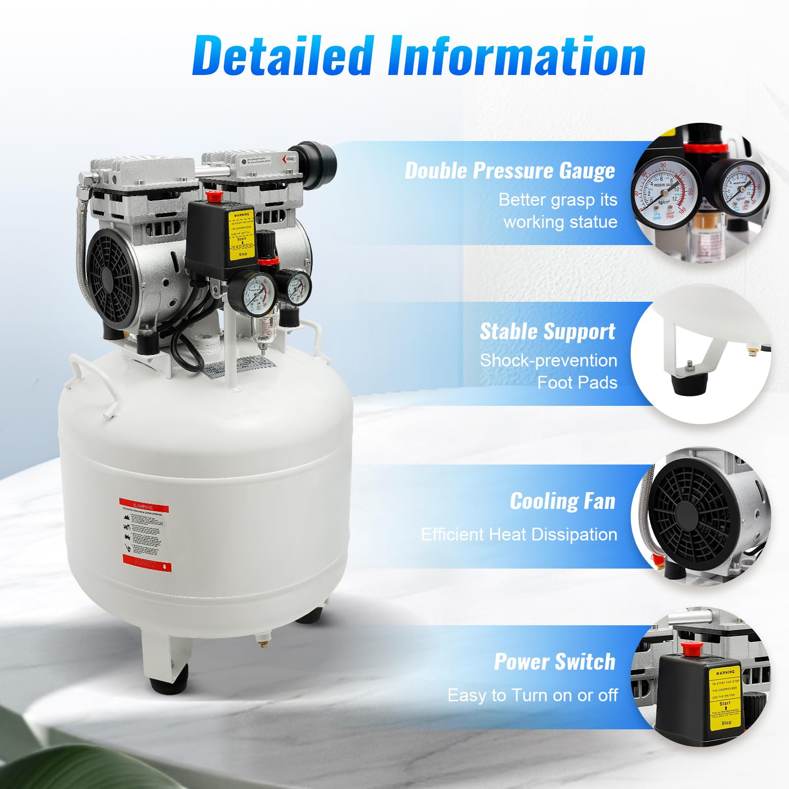 40L 750W Portable Dental Air Compressor, Electric Quiet Dental Air Compressor, Oil Free Oilless Air Compressor Dental Chair Device, 165L/min