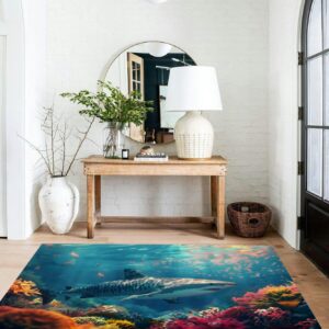 A solitary tiger shark patrolling its territory surrounded by an ether 3x5 Rug Throw Rugs Entryway Indoor Front Door Mat Non Slip Bedside Area Rug For Bedroom Aesthetic Kitchen Carpet Machine Washable