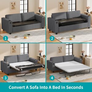 BALUS Pull Out Sofa Bed, 2-in-1 Convertible Sleeper Sofa with Memory Foam Mattress, Queen Size Sleeper Couch with Cup Holders and USB Ports for Home Office Living Room-Dark Grey