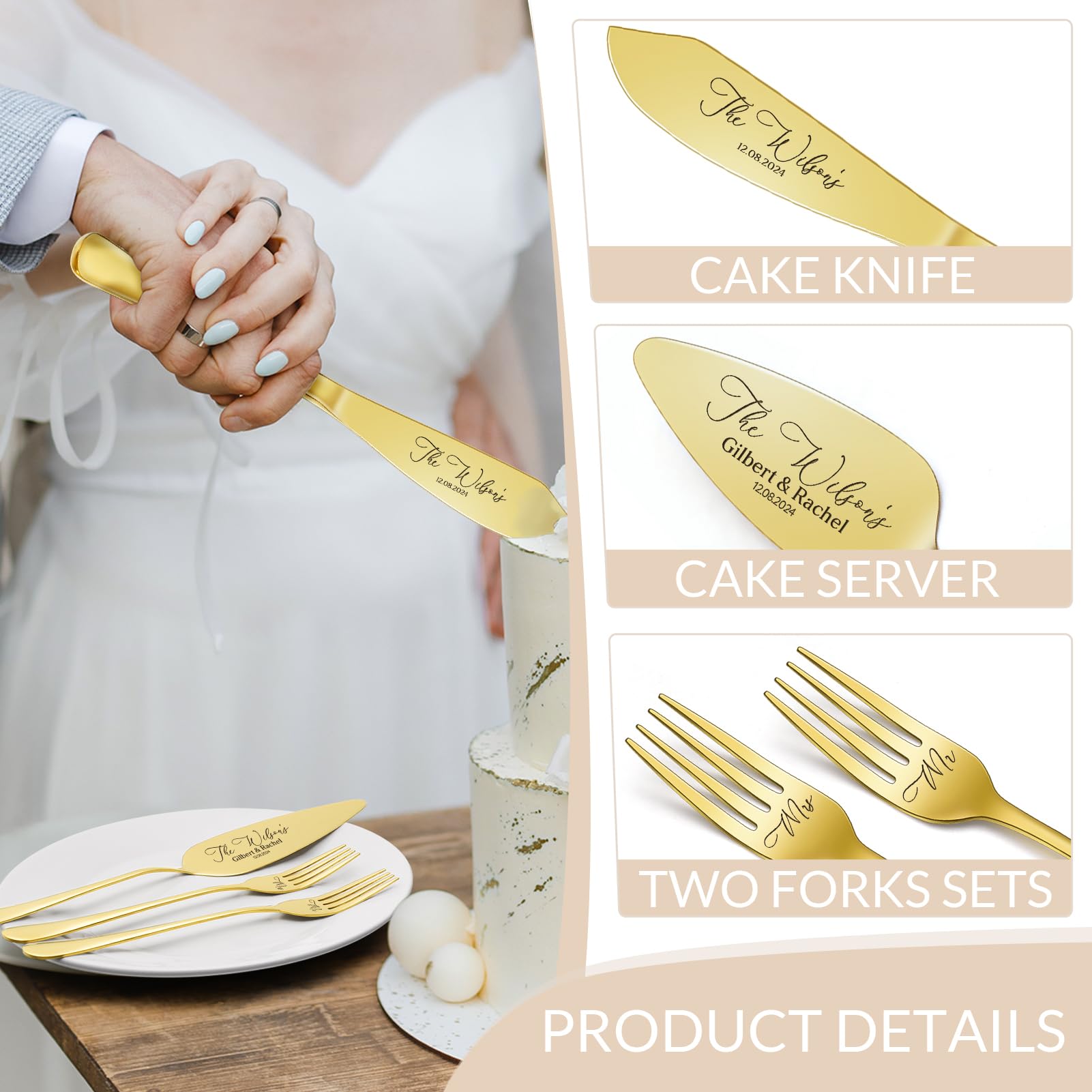 Zhamate Custom Cake Cutting Set for Wedding, Personalized Cake Knife and Server Set, Stainless Steel Personalized Cake Cutter Set for Wedding, Anniversary, Birthday Gift(Gold)