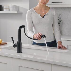 Delta Faucet Almari Pull-Out Kitchen Faucet, Black Kitchen Faucets with Pull-Out Sprayer, Kitchen Sink Faucet, Faucet for Kitchen Sink with Magnetic Docking, Matte Black 16943-BL-DST