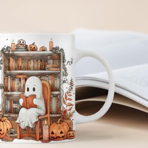 QASHWEY Halloween Reading Ghost Mug, Halloween Coffee Mug, Fall Book Lovers Gifts Mug, Halloween Themed Mug Tea Cup Gifts for Reading Lovers, Fall Bookish Ghost Halloween Coffee Cups Ceramic 11oz