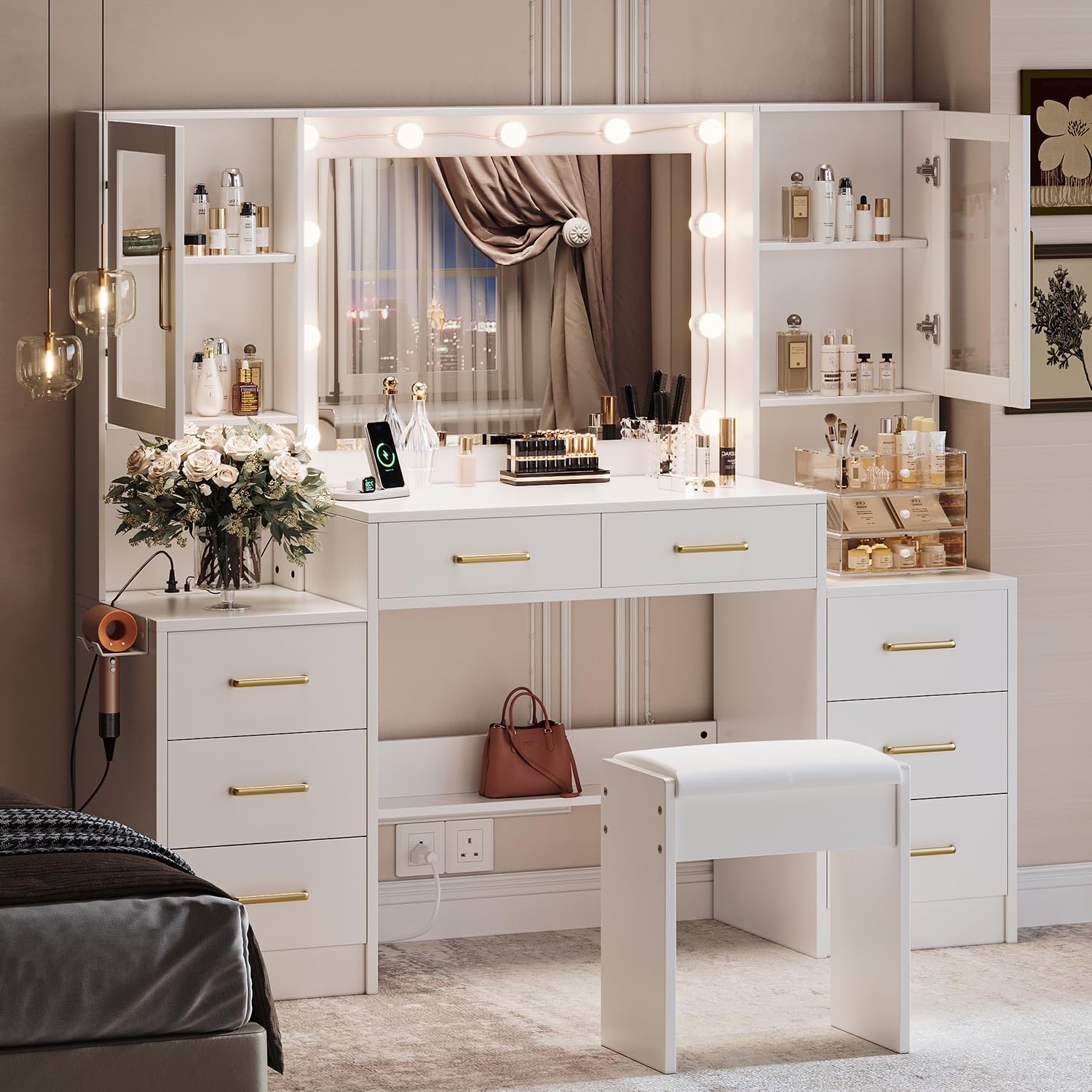 TOKSOM White Vanity Desk with Mirror, Lights & Charging Station, 58.3" 3 Lighting Modes Makeup Desk with 8 Drawers, 2 Cabinets and Lots Storage, Dressing Table Vanity Set with Lighted Mirror