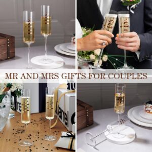 comfit Mr and Mrs Champagne Flutes with Keepsake Box-Bride and Groom Champagne Glasses-Gold Print Mr and Mrs Glasses for Wedding and Toasting Flutes-Bridal Shower Gifts