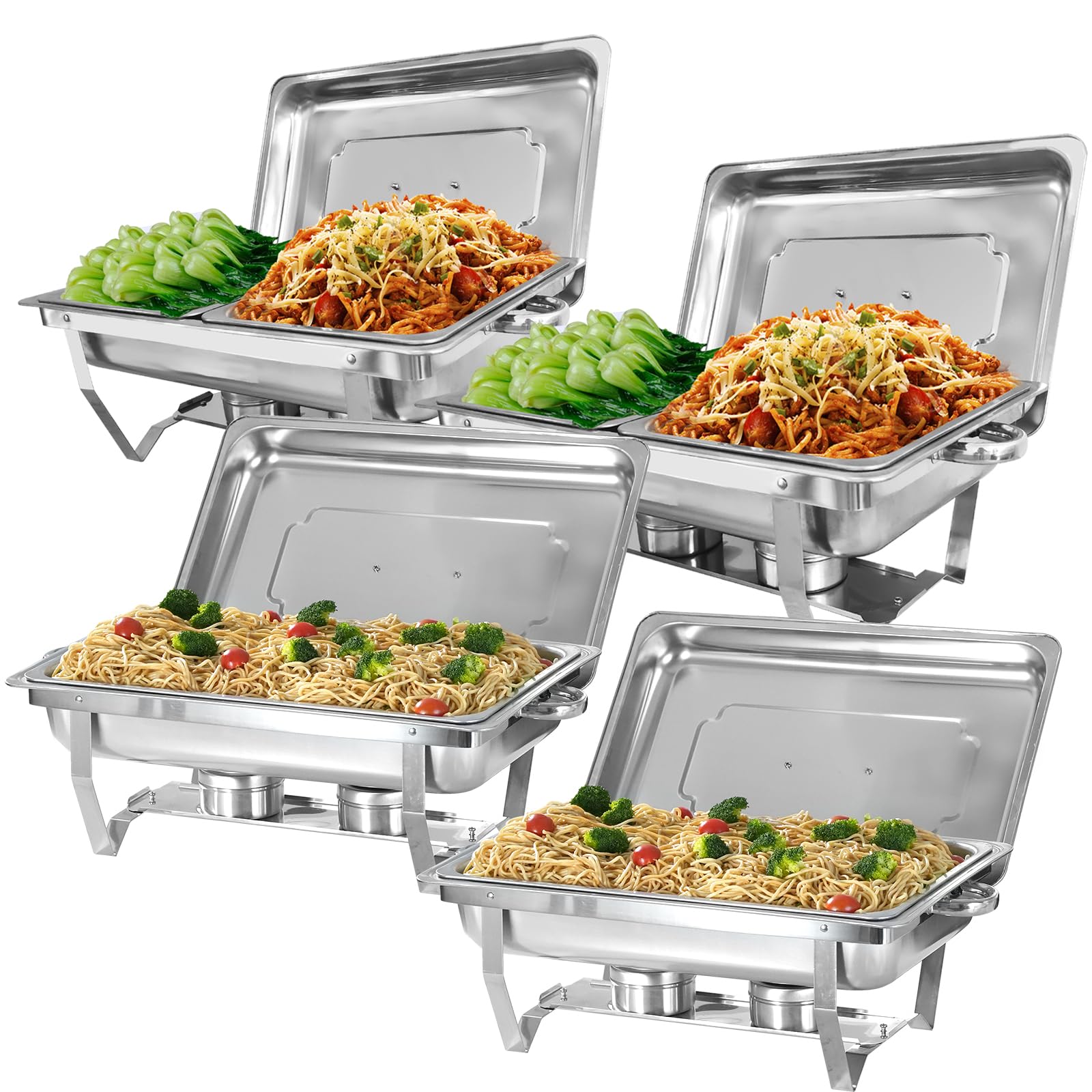 PRIJESSE Chafing Dish Buffet Set Stainless Steel Food Warmer Chafer Complete Set with Water Pan, Chafing Fuel Holder for Party Catering (4 Pack, Full Pan x2 + Half Pan x2)