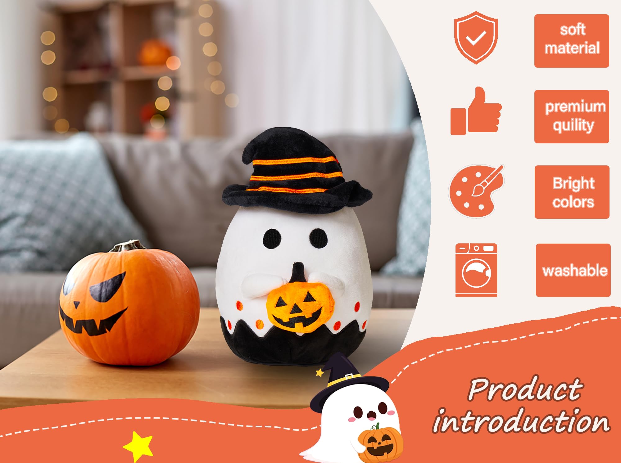 Ziyutam Halloween Ghost Pumpkin Stuffed Animal Trick or Treat 9.4" Halloween Plushies Ghost Plush Toys Halloween Ghost Pillow Gifts for Boys Girls Spooky Indoor Outdoor Home Party Decorations