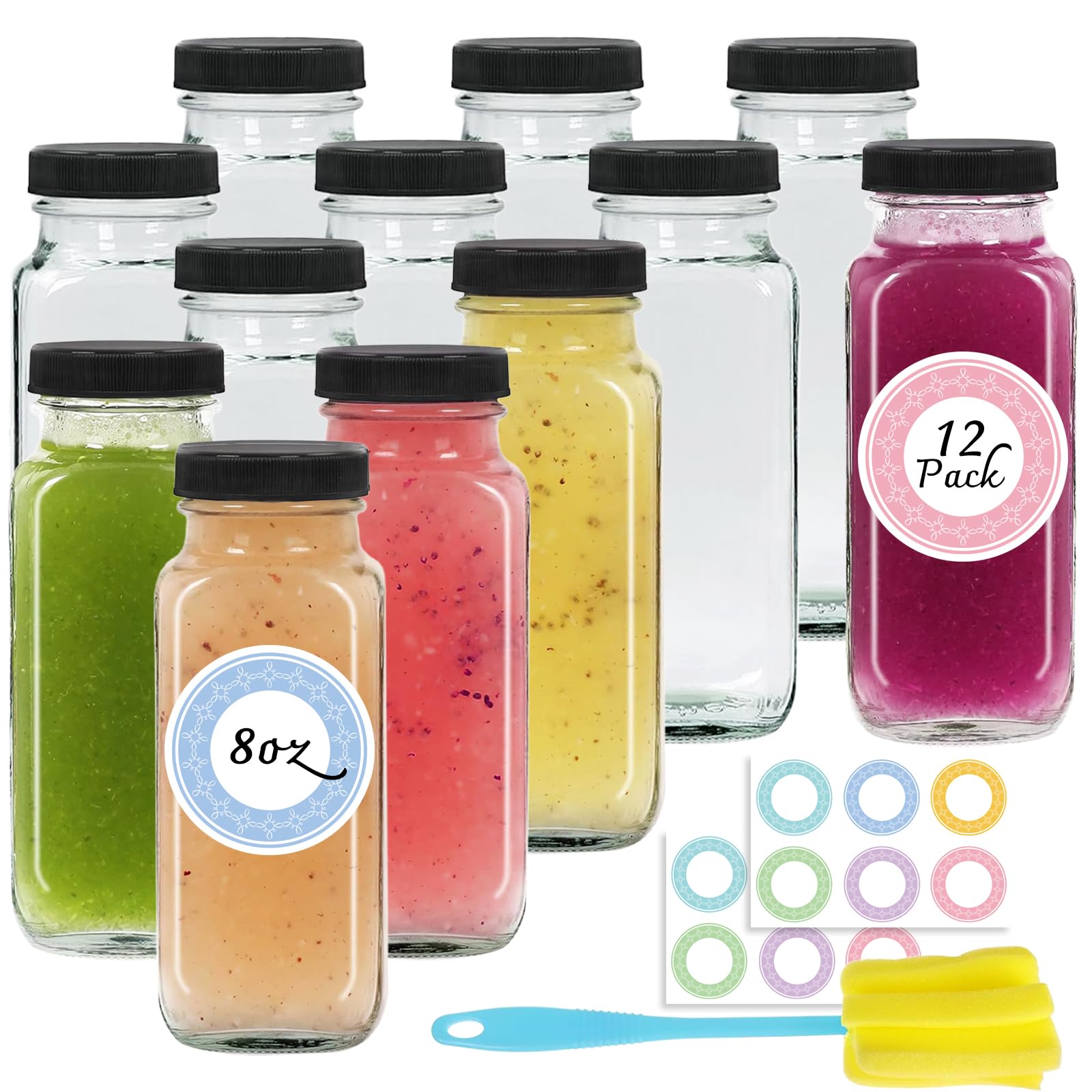 NEWMIAO 12 pack 8 oz Glass Juice Bottles with Lids, Reusable Glass Drink Bottles, 250 ml Juice Containers Drinking Jars with Brush, Water Bottles for Milk, Juicing, Kombucha, Ginger