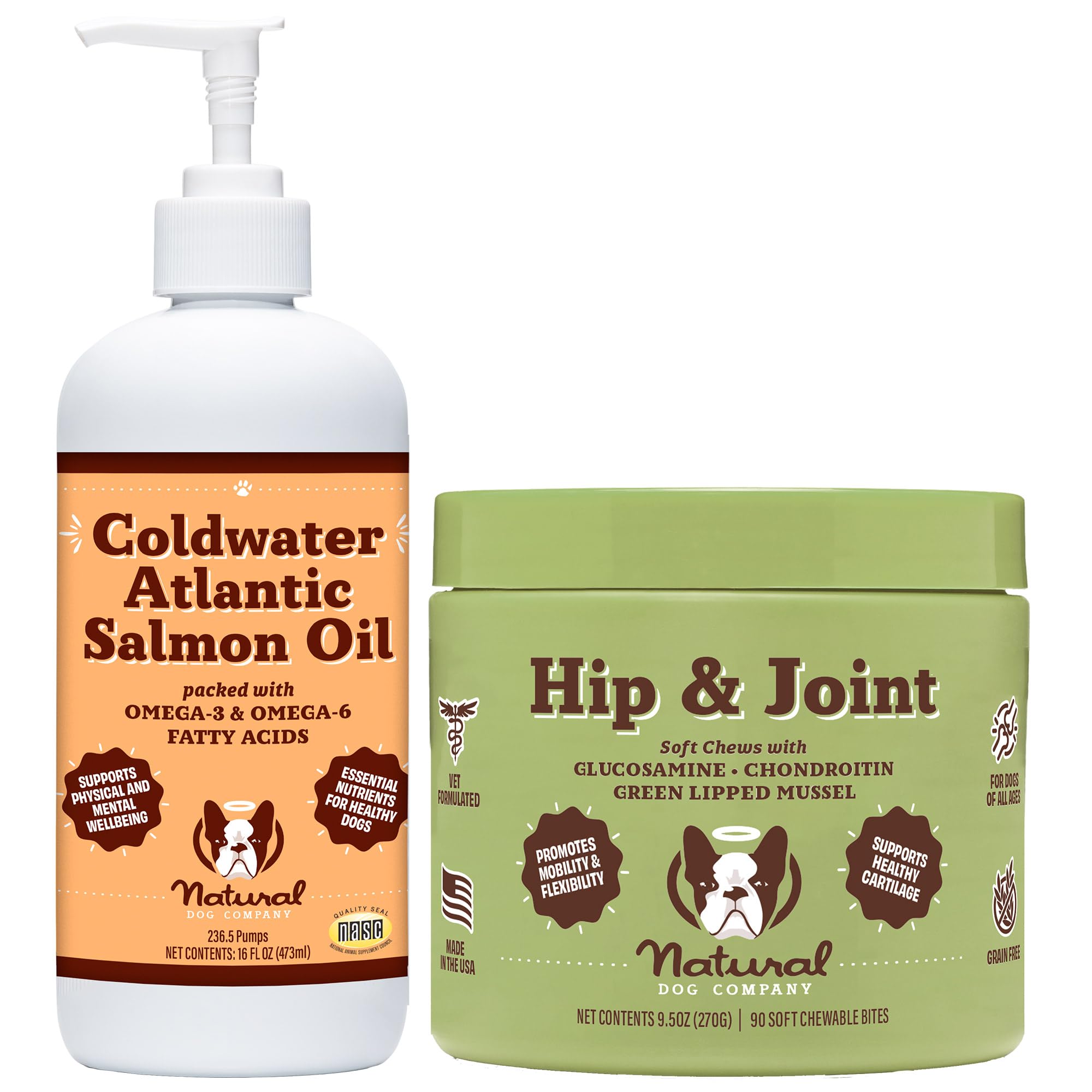 Natural Dog Company Senior Dog Salmon Oil Mobility Bundle, (1) Coldwater Atlantic Salmon Oil 16 oz., (1) Hip & Joint Chews 90 Count, Omega 3, Glucosamine Chondroitin for Dogs, Fish Oil for Dogs