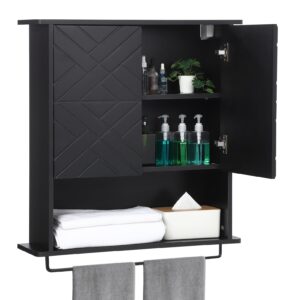 garveehome medicine cabinet with two door, wood wall mounted storage cabinet with adjustable shelf and towel bar, 3-tier cupboard for bathroom, kitchen, living room