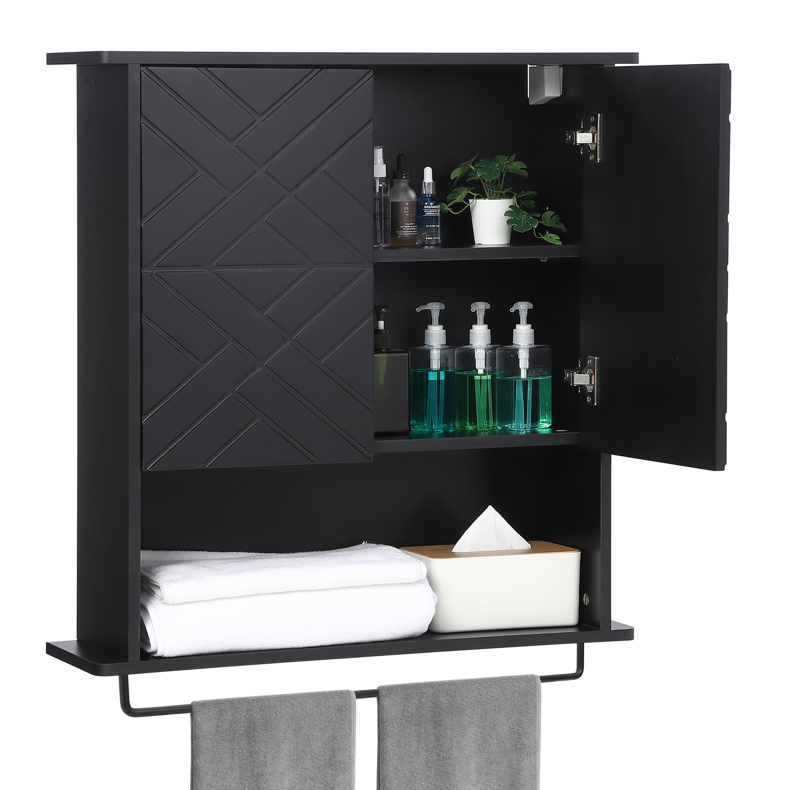 GarveeHome Medicine Cabinet with Two Door, Wood Wall Mounted Storage Cabinet with Adjustable Shelf and Towel Bar, 3-Tier Cupboard for Bathroom, Kitchen, Living Room