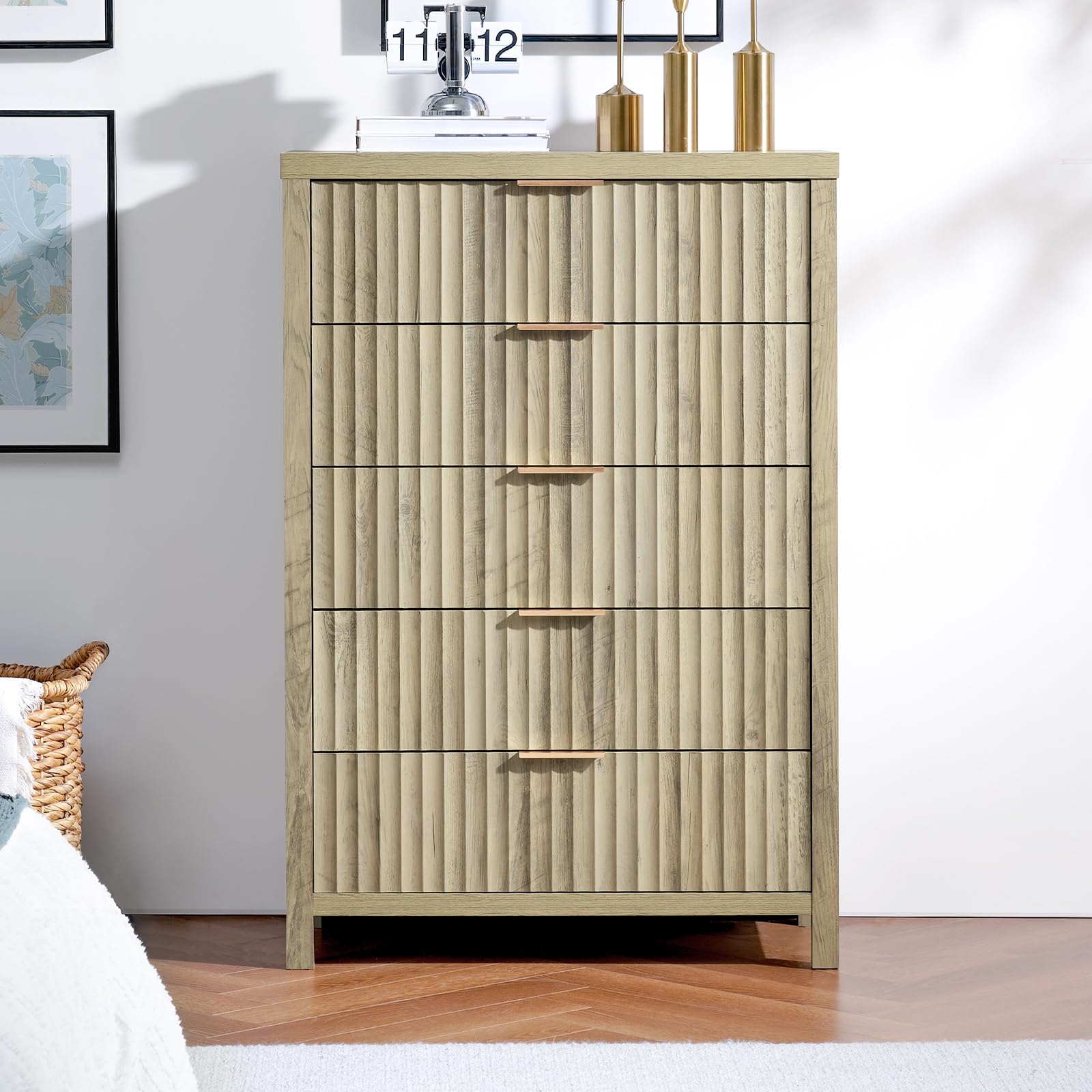 5 Drawers Dresser for Bedroom, 44 Inches Tall Modern Bedroom Dressers, Chest of Drawers for Bedroom, Fluted Dresser for Closet Organizer for Living Room, Hallway, Entryway(Sunwashed Ash Oak, 2 Pieces)