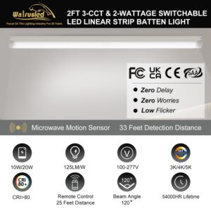 2FT Tri-Level Motion Sensor LED Linear Strip Stairwell Light with Remote 2 Watt CCT Selectable 10W/20W 1250lm/2500lm 3000K/4000K/5000K, IP20, Dimmable 2 Foot Commercial Shop Ceiling Light Fixture, FCC