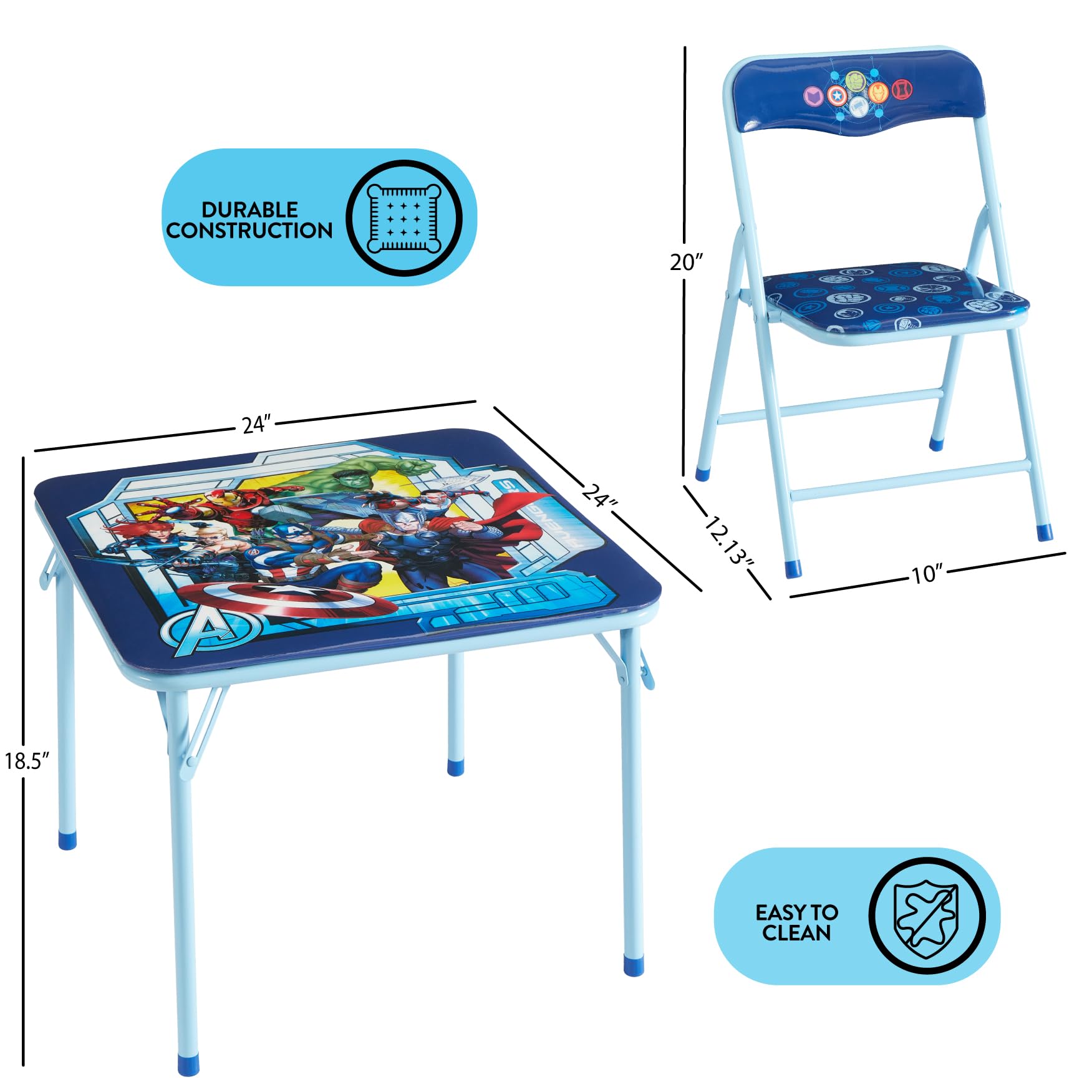 Idea Nuova Marvel Avengers 3 Piece Children's Activity Square Table and 2 Folding Chairs Set, Ages 3+