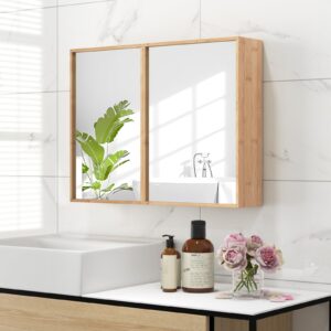 Giantex Medicine Cabinet, Bathroom Medicine Cabinet with Mirror, Reversible Double Door, 2 Adjustable Shelves, Bamboo Vanity Mirror Cabinet for Entryway, Living Room, Bathroom Wall Cabinet, Natural