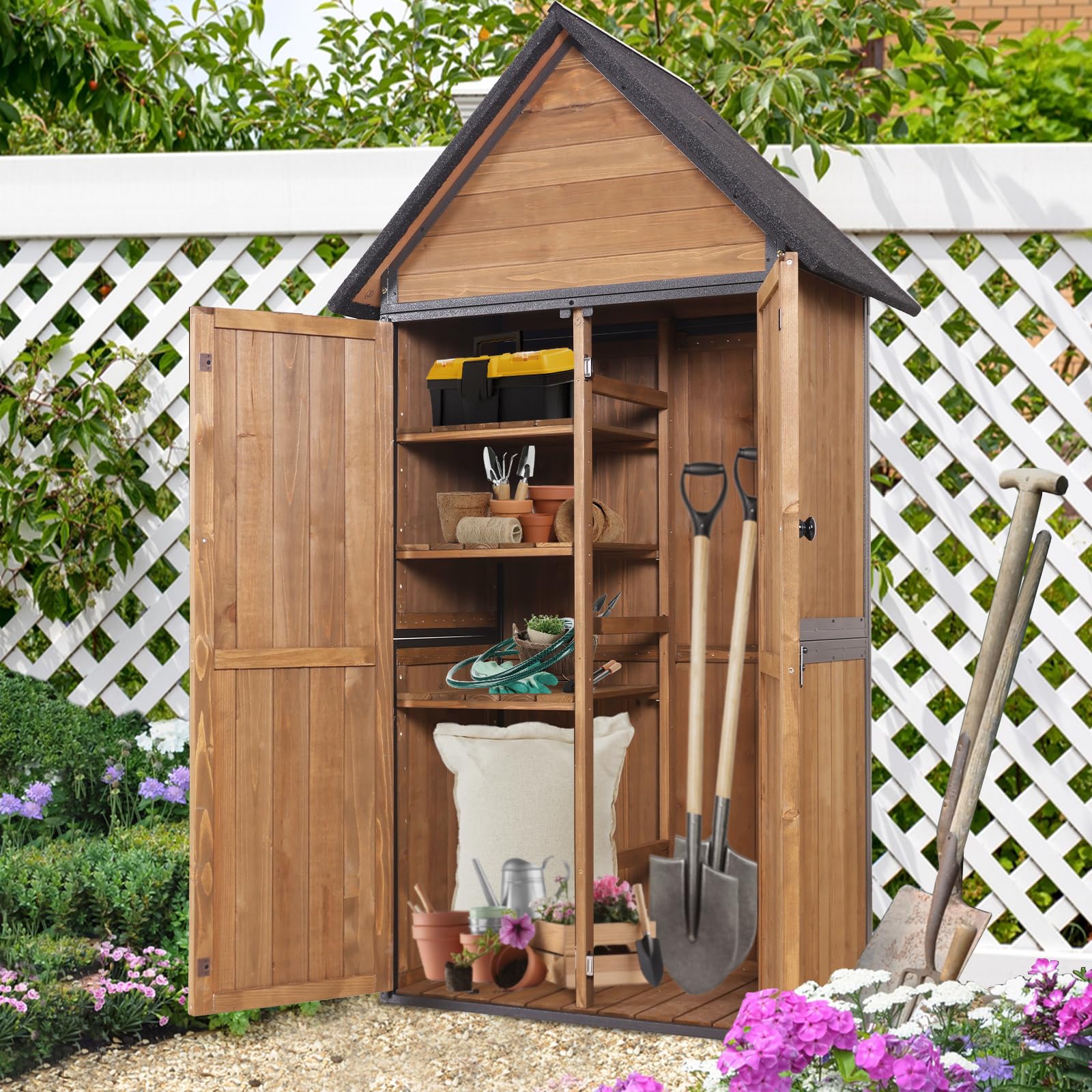 MEDEHOO Indoor Outdoor Storage Cabinet with Waterproof Roof Storage Shed with Adjustable Shelves Large Capacity Wooden Storage Shed with Metal Frame Structure for Backyard Garden Patio Lawn (Brown)